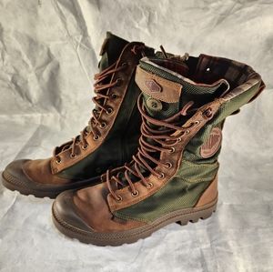PALLADIUM Women's High Top Combat Festival Boots Brown and Green 8.5